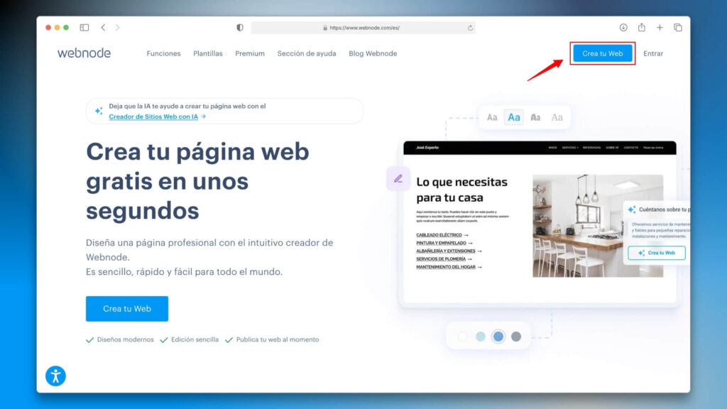 Crear una cuenta en Webnode