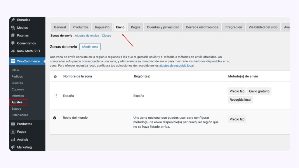 Opciones Envio WooCommerce