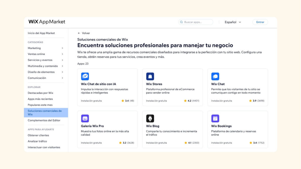 Mercado de aplicaciones Wix Apps
