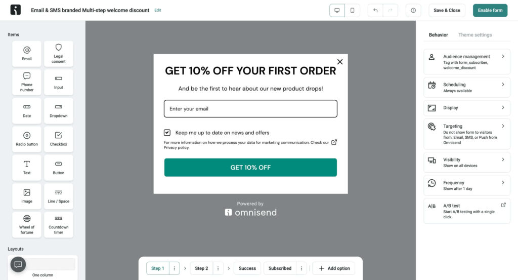 Omnisend Pop Ups forms builder