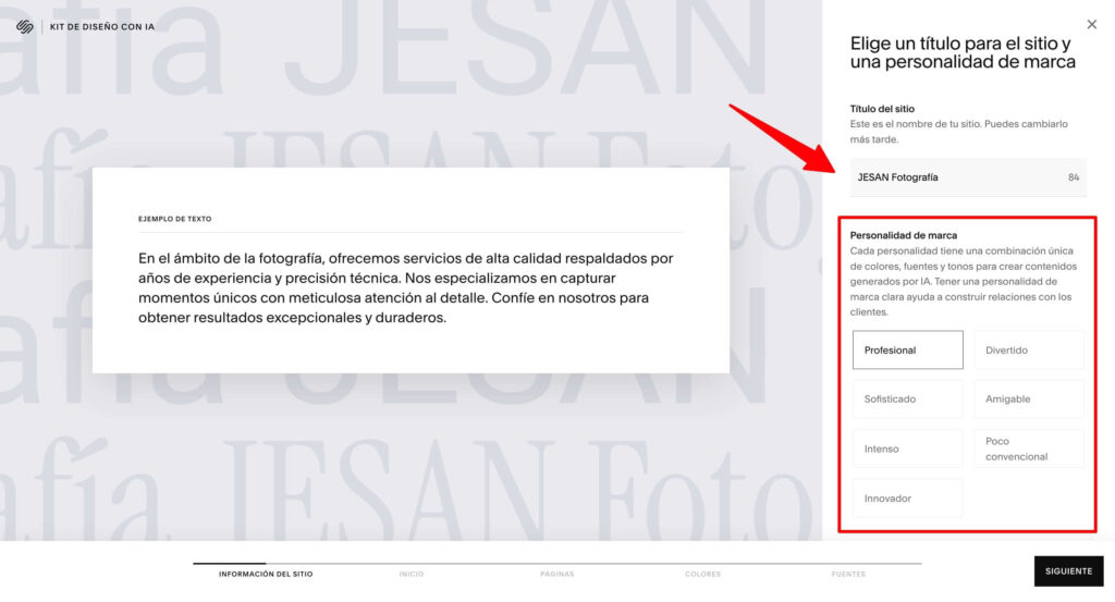 Squarespace información del sitio