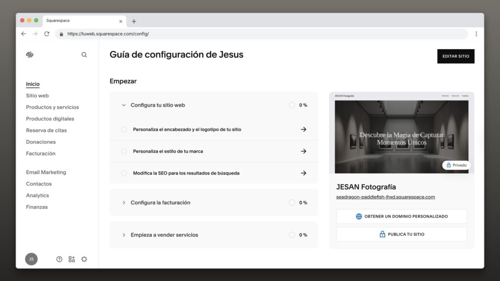 Panel de control Squarespace IA