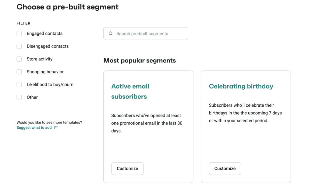 Omnisend Pre-built Segments.