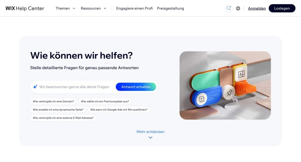 Wix-Hilfecenter mit Kategorien und Suchfunktion