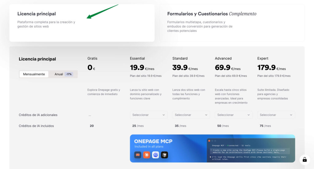 Licencia principal sitios web Onepage