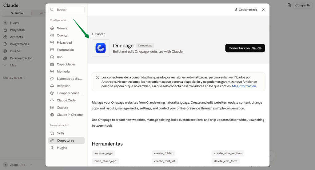 Conectar Onepage con Claude