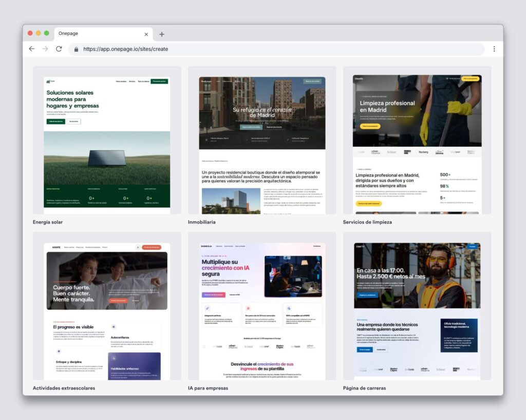 Ejemplos Plantillas de inicio Onepage